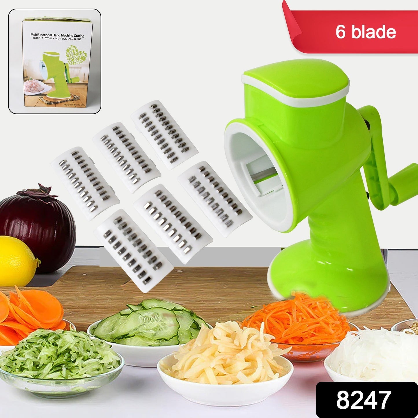 8247 6 In 1 Multi Functional Vegetable Cutter  Slicer Hand Machine Cutting Slice Cut Thick Cut Silk All In One Vegetable Chopper Cutter  Slicing Cutter Barrel - Vegetable Grater With 6 Removable Blades